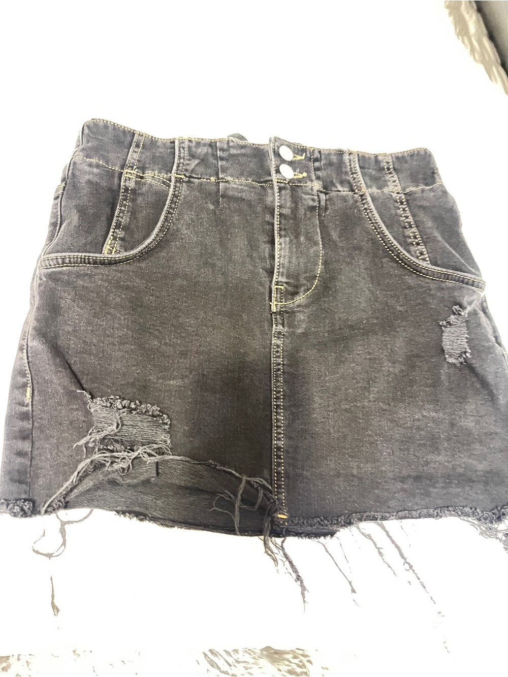 Free People Distressed Black Mini Denim Skirt